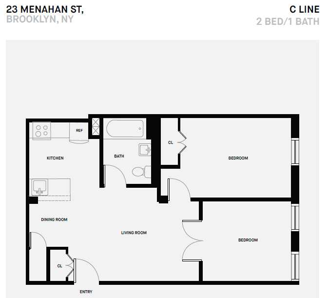 Floor plan for 2 beds, 1 bath, 648 sqft